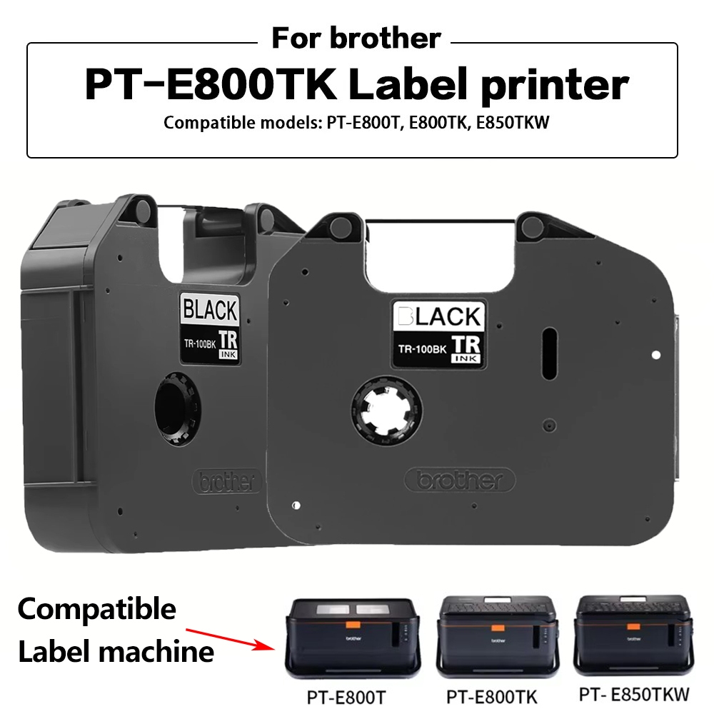 เทปป้ายชื่อเข้ากันได้สีดำ PT-100BK 1ชิ้น TR-100BK น้องชายเครื่องพิมพ์ริบบิ้น TP-E800T E850TKW E800TK