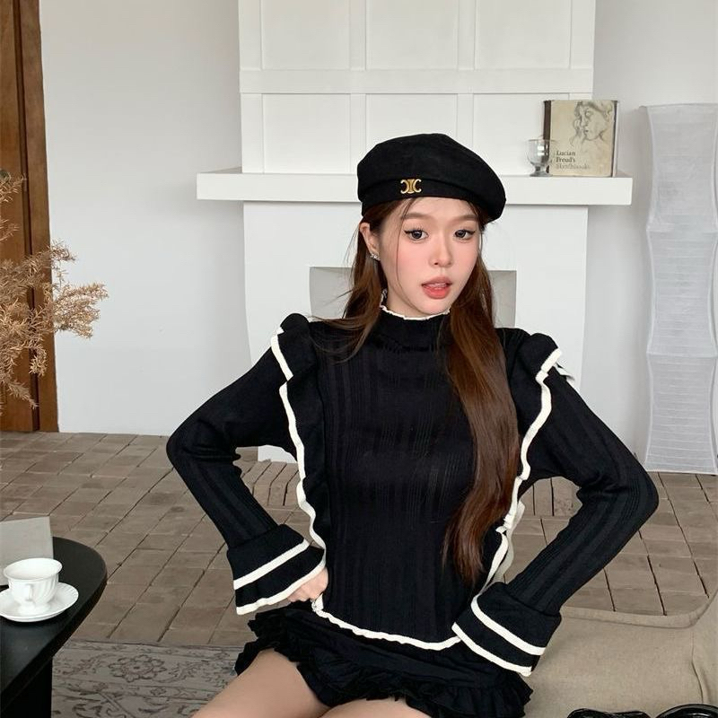 เสื้อกันหนาวลําลอง สไตส์เกาหลีแขนยาว คอสูง เข้ารูป สีพื้น เข้ากับทุกการแต่งกาย แฟชั่นสําหรับผู้หญิง 2024