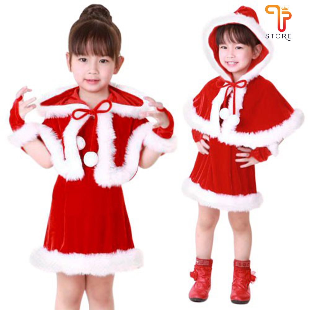 ชุดแซนตี้ เกาะอกผูกคอ ผ้าคลุมมีหมวก เด็กผู้หญิง ชุดแฟนซี X-mas พร้อมส่ง ไม่มีถุงมือในเซท/T Store