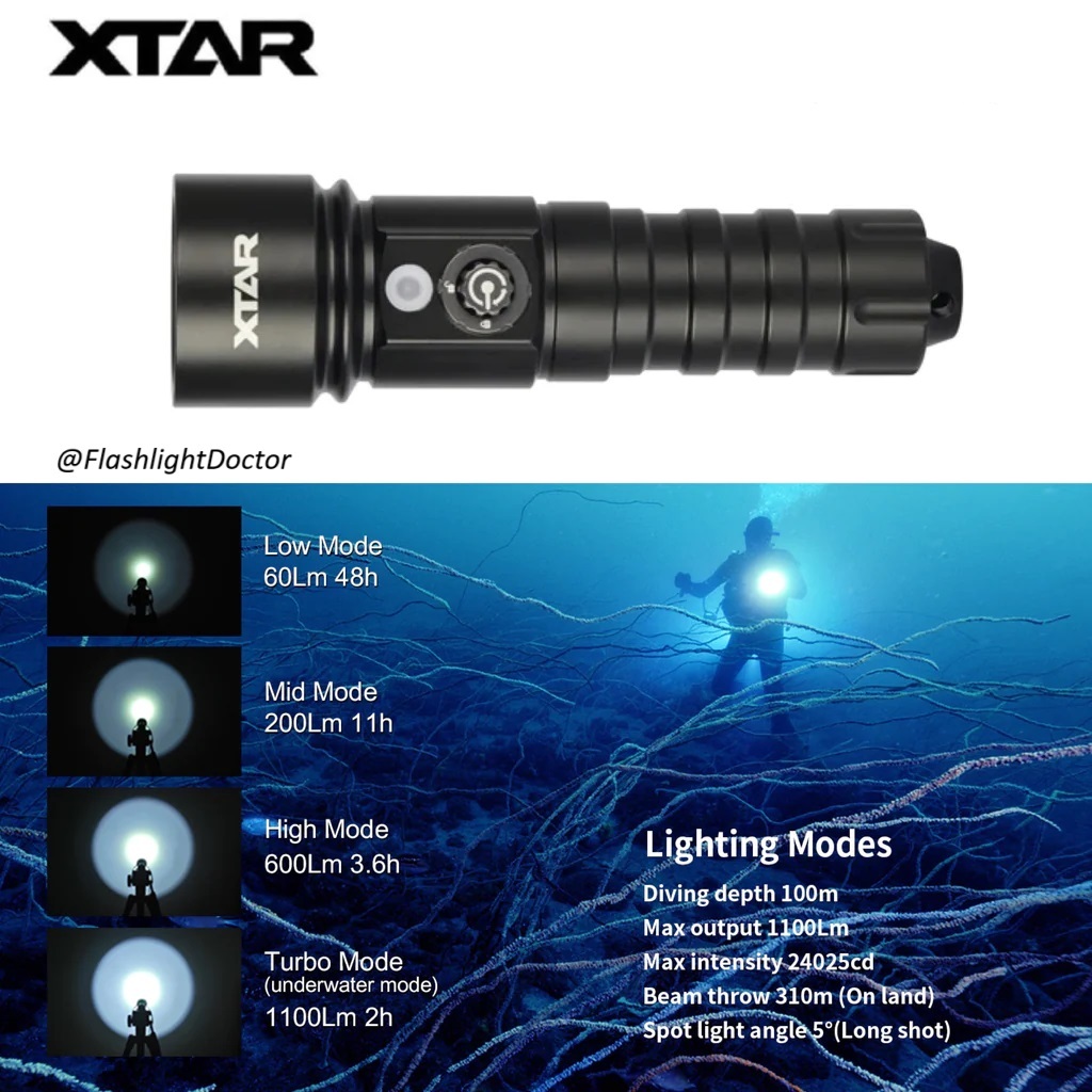 XTAR Whale D26 1100 100M Diving Flashlight Set