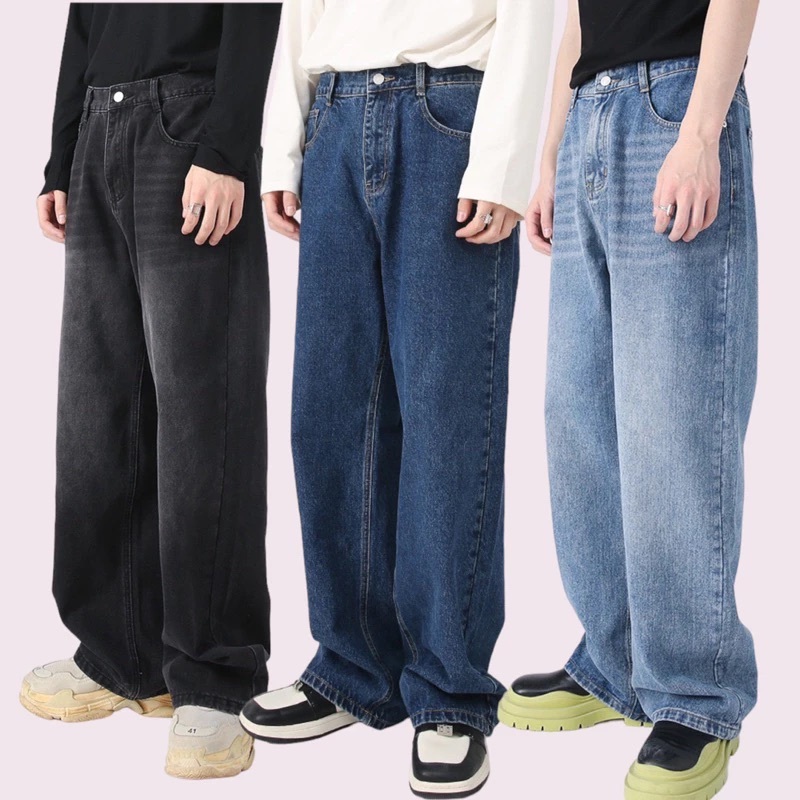JEANS กางเกงยีนส์เอวสูงทรงกระบอกใหญ่เอวยืดสม็อค