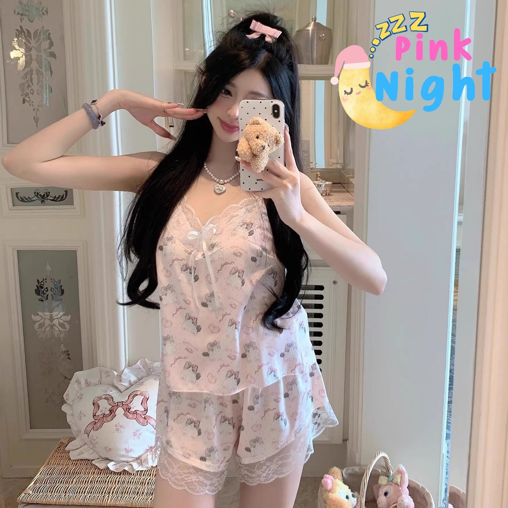 PINK NIGHT ชุดนอนผู้หญิง ชุดนอนเดรส เดรสกระโปรง 😵 มีบราในตัว ผ้าบางเบาใส่สบาย S-553+S-738
