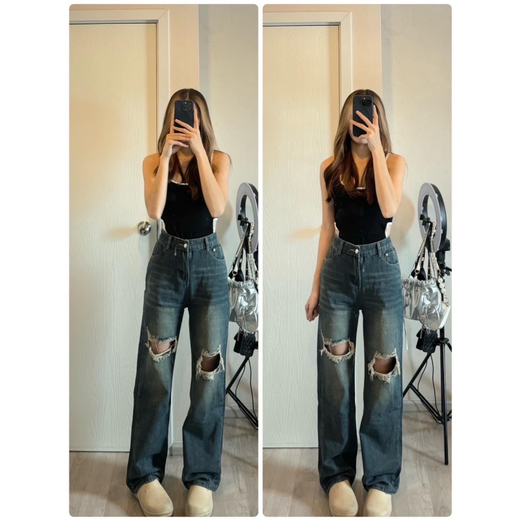 (xs---5xL) กางเกงยีนส์ แต่งขาด ทรงกระบอกเอวสูงผ้ายีนส์ไม่ยืด V9414 (NEW)