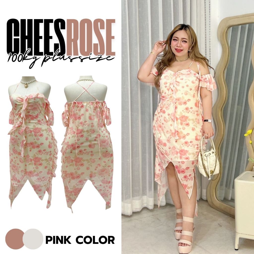 Plus size เดรสสายเดี่ยวแต่งระบายกรุยกรายลายกุหลาบของสาวอวบสายหวาน มินิมอล รุ่น ชีสโรส(A18)