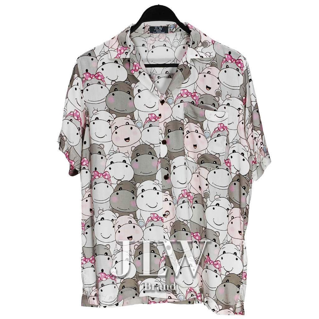 เสื้อฮาวาย ลายหมูเด้ง ฮิปโป ผ้านิ่ม M L XL Oversize คอฮาวาย JLW BRAND