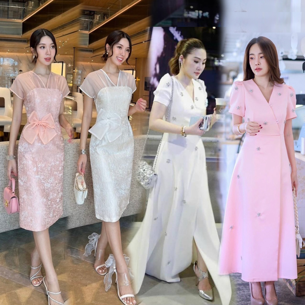 ชุดเดรสไปงาน คอวี สีชมพู/สีขาว S-XXL ชุดทำบุญ ชุดพรีเวดดิ้ง #CHERIS