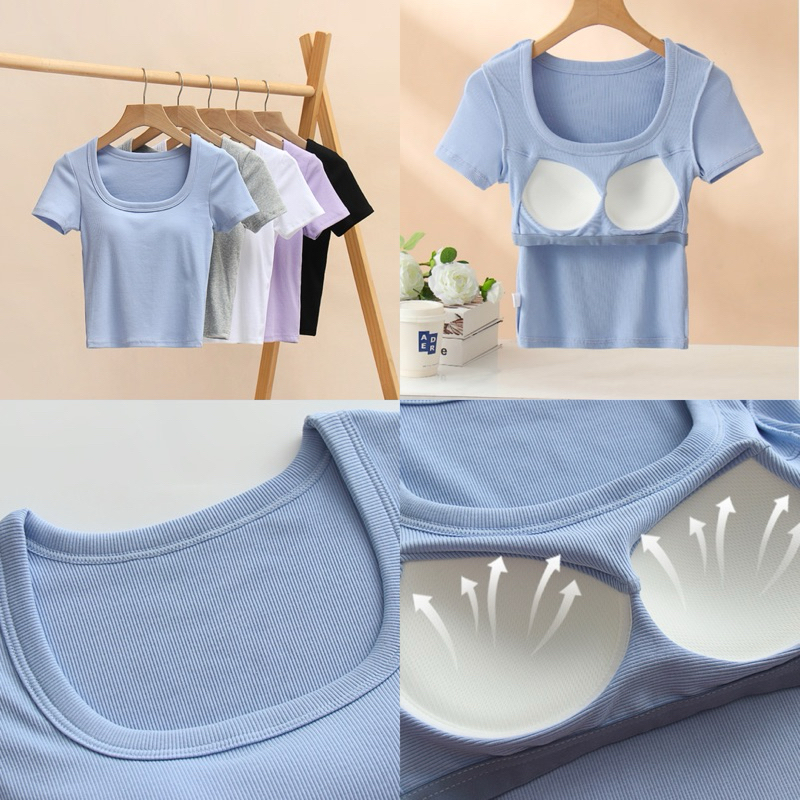 พร้อมส่งในไทย เสื้อครอปคอกลม มีบราในตัว เข้ารูปใส่แล้วผอม