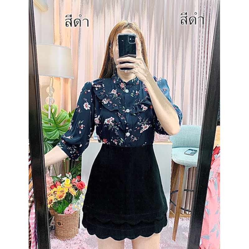 เสื้อคอจีนระบายอกลายดอกอก42ยาว23