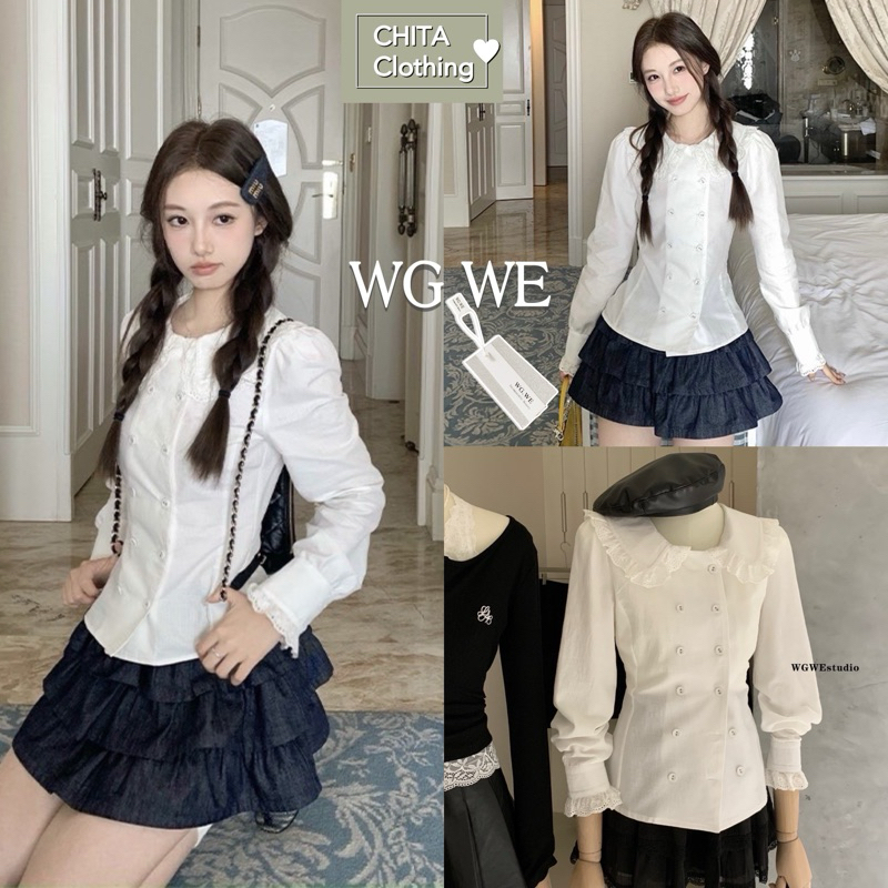 เสื้อสีขาวแขนยาวระบายลูกไม้ฉลุแต่งกระดุมสวย#2768TAG WG.WE