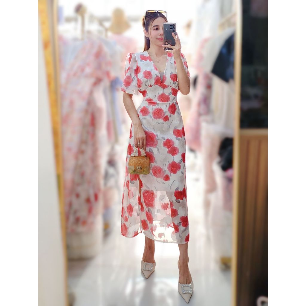 #365# เดรสยาว แขนปีกผีเสื้อปิดต้นแขน คอวีลึก - รูปที่ 3