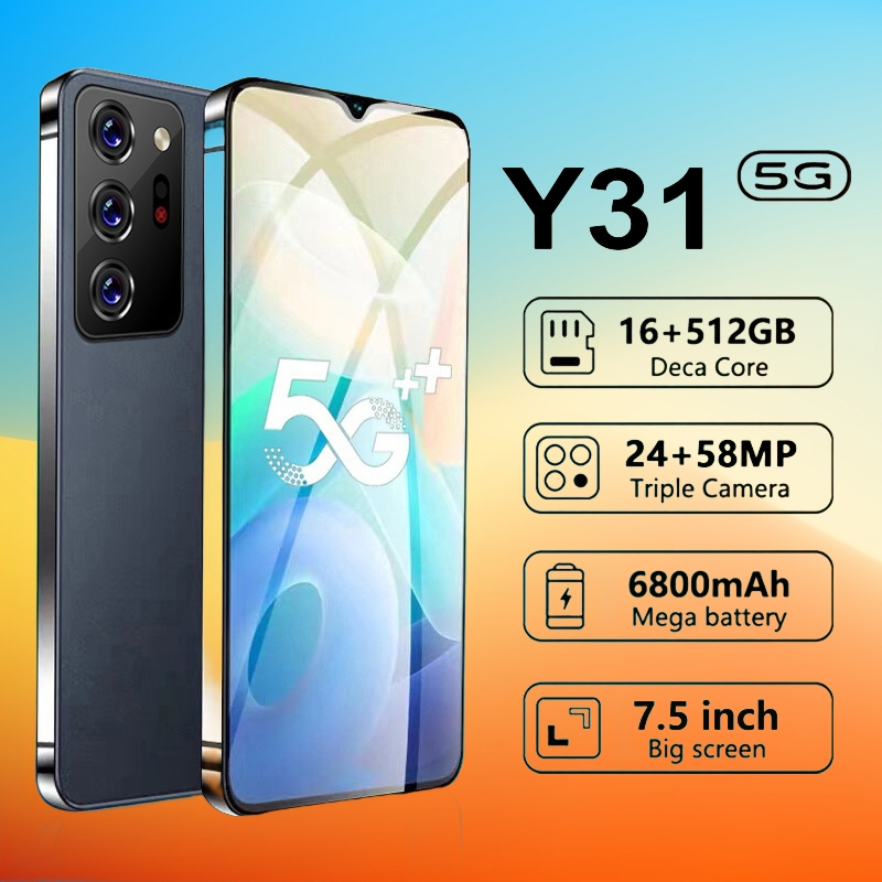 โทรศัพท์มือถือ Reno Y31 5G สมาร์ทโฟน 2 ซิม หน้าจอ HD 6.7 นิ้วโทรศัพท์สมา แรม16GB รอม512GB