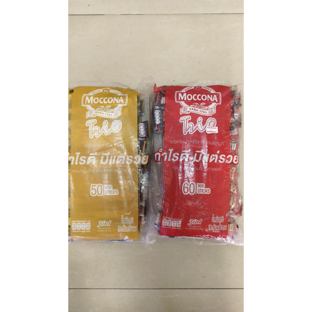 สินค้าเลยวันบริโภค BBF21/10/2024 MOCCONA มอคโคน่า กาแฟปรุงสำเร็จชนิดผง ทรีโอ 3 in1 แดง แพ็ค 60ซอง ทอง แพ็ค 50ซอง
