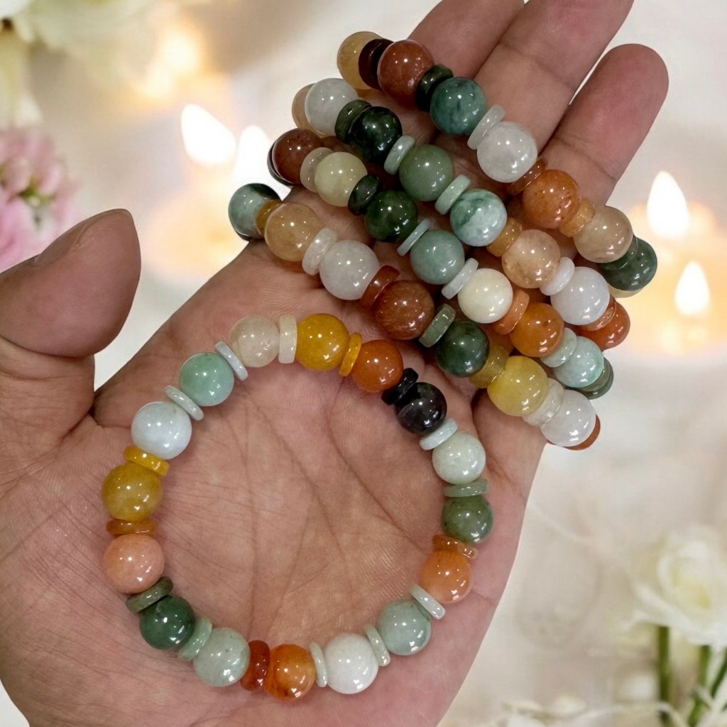 สร้อยแขน สร้อยข้อมือ กำไลแขน กำไลข้อมือ ลูกปัดหยก หลากสี ขนาด 9-10 มิล มีแผ่นหยกกั้น