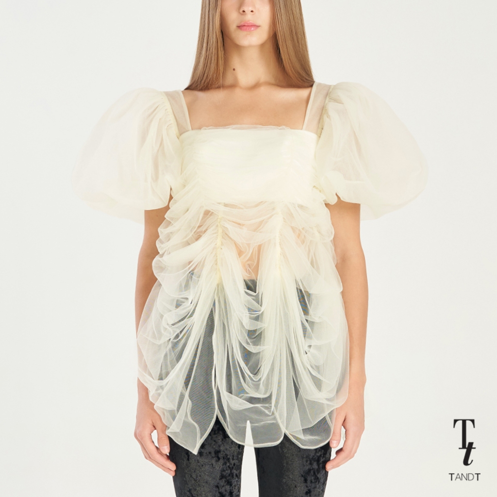 TandT - BALINA TOP - RUCHED PUFF SLEEVE TULLE TOP