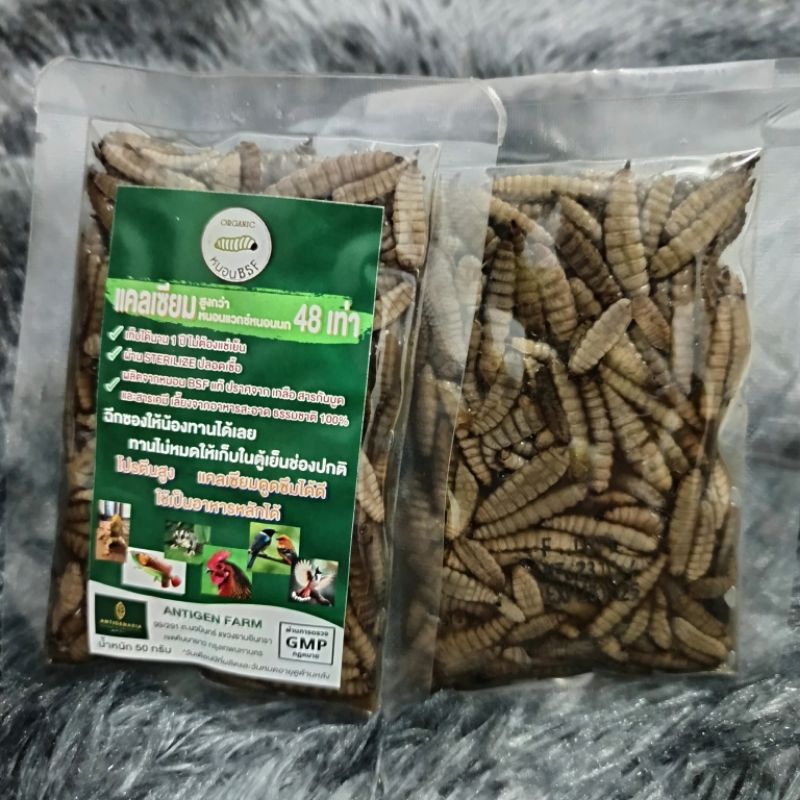 หนอน BSF (Sterilized) ขนาด 50 กรัม สะอาดปลอดเชื้อ ไม่ปรุงแต่ง ไม่ต้องต้ม ฉีกซองทานได้เลย