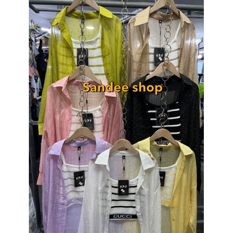 งาน 2 ชิ้นเสื้อกล้ามสปอร์ตบาร์ลายริ้ว+ เสื้อคลุมผ้าชีฟองป้าย y p y