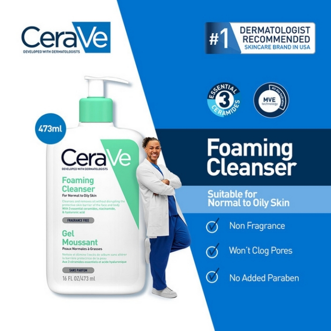 เซราวี CeraVe Foaming Cleanser 473ml โฟมล้างหน้า 473มล. สกินแบริเออร์ เฟซวอช ผสมเซราไมด์ สำหรับผิวธรรมดาถึงผิวมัน