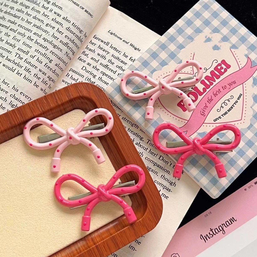 พร้อมส่ง!🇹🇭 ราคา/เซ็ต กิ๊บหนีบผมโบว์ลายจุด สีชมพูแคนดี้น่ารัก หนีบแน่น เกรดพรีเมียม เนื้องานเกาหลี คุณภาพดี