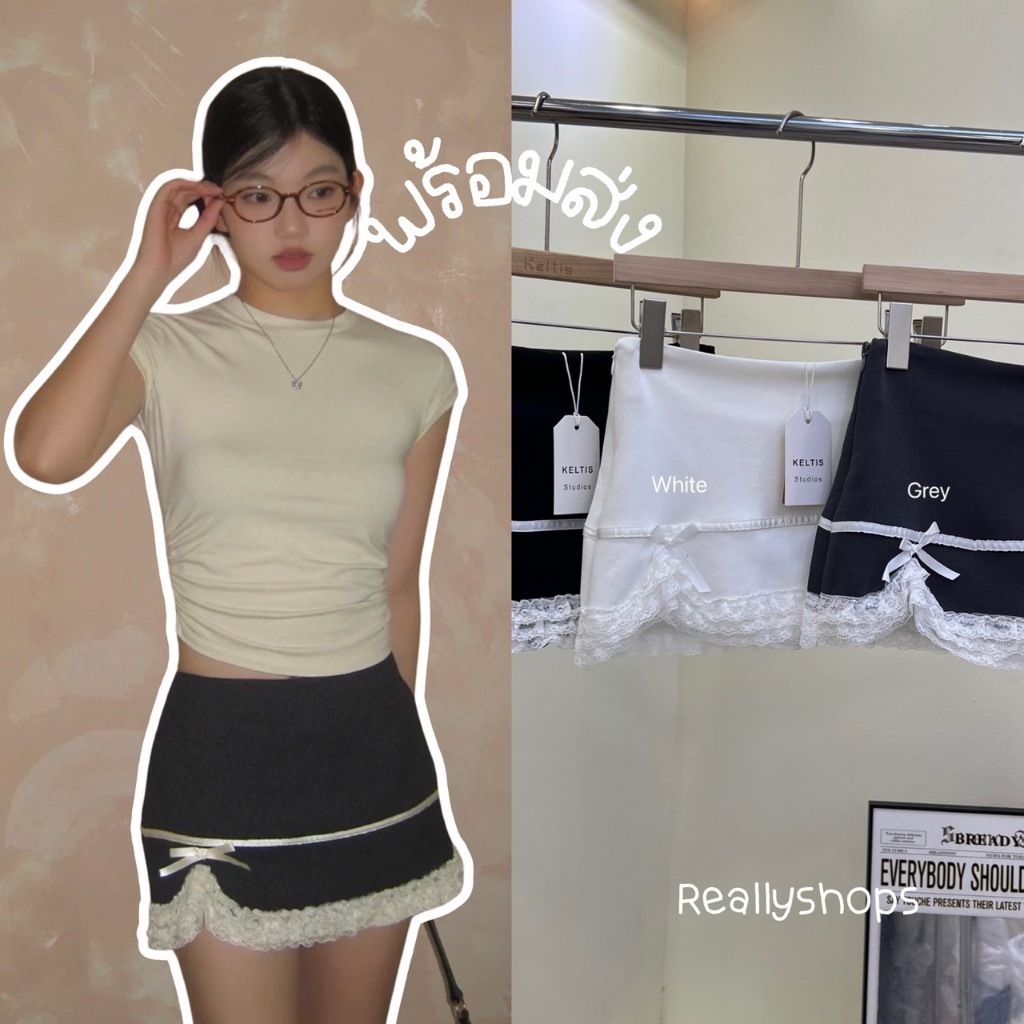 Reallyshops #735 กระโปรงสั้นทรงเอ ผ่าข้าง แต่งลูกไม้+โบว์ มีซับใน เอวยางยืด ผู้หญิง พร้อมส่ง