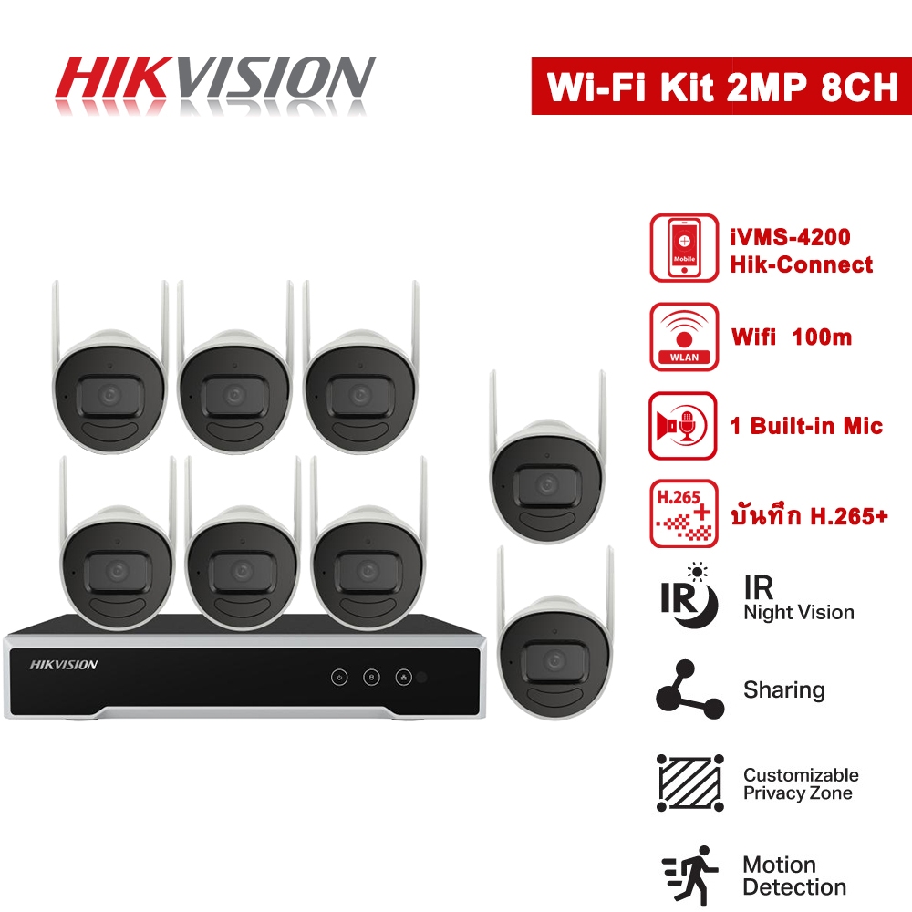 HIKVISION ชุดกล้องวงจรปิดไร้สาย 8CH H.265 Built-in mic อัดเสียงได้ กลางคืนภาพเป็นสี พูดโต้ตอบกันได้ แถมอุปกรณ์ติดตั้ง