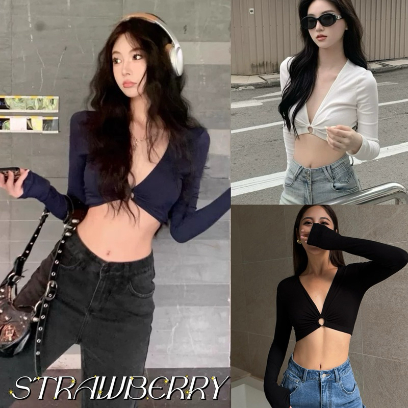 STR พร้อมส่ง เสื้อเซ็กซี่ เสื้อยืดแขนยาว คอวี สีพื้นเอวลอยทรงเข้ารูป โชว์เอวเซ่บมาก เสื้อยืดทรงครอปสีขาว สไตล์สาวเกาหลี