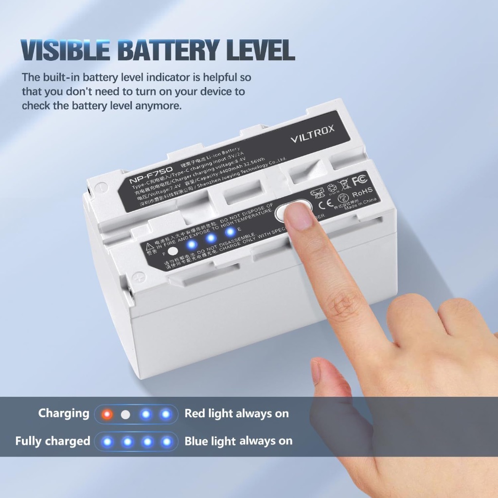 Viltrox NP-F750 Battery 4400mAh with USB-C Charging Port ปุ่มเช็คสถานะ ชาร์จผ่าน USB-C รับประกัน 1ปี