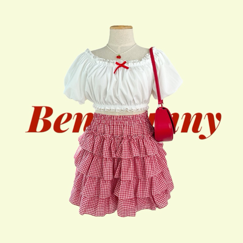 เสื้อครอบชายลูกไม้เวียดนามแขนบอลลูนแต่งโบว์แดงสาวอวบ อก 36-46“ Benzbunny29 Clothing Women #2100
