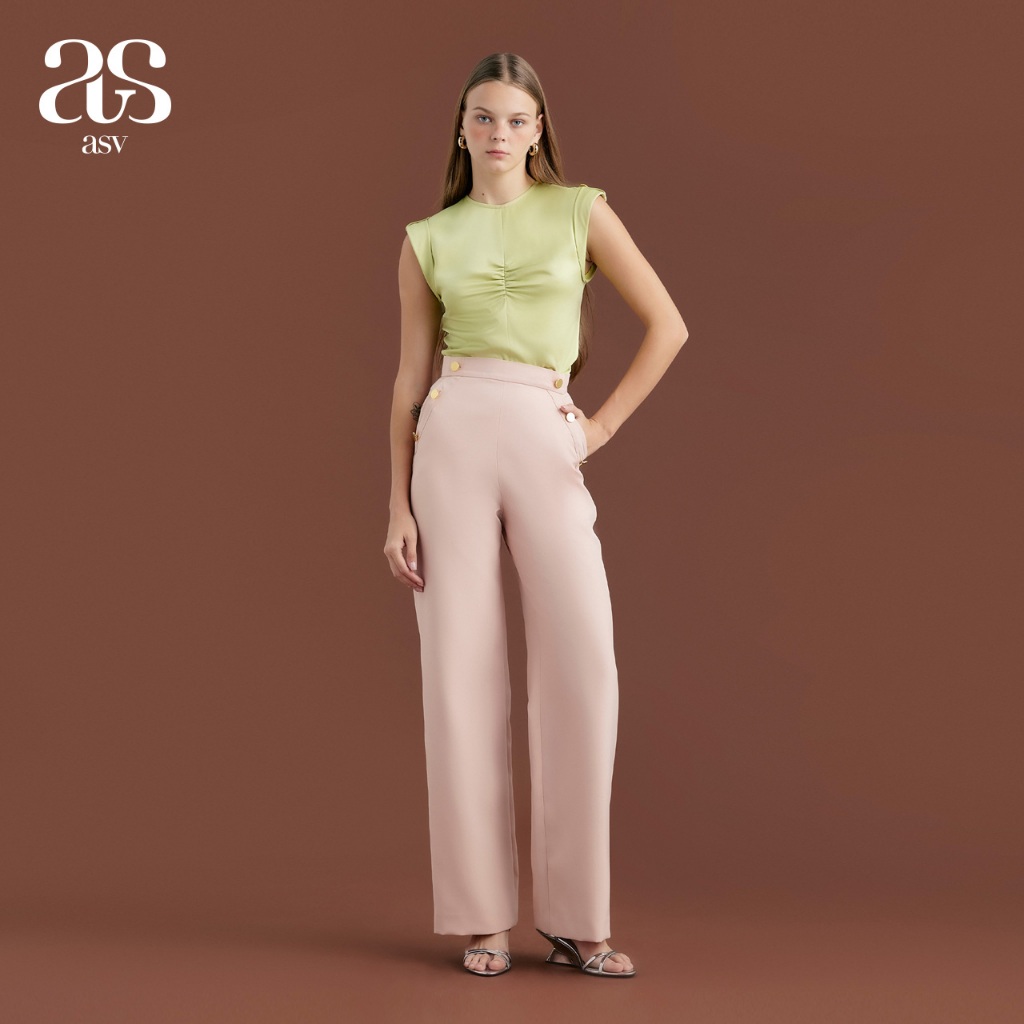 [asv aw24] Celia Signature Pants กางเกงผู้หญิง ขายาว ทรงตรง แต่งกระดุมทอง กระเป๋าข้าง ผ้าโพลีเอสเตอร์