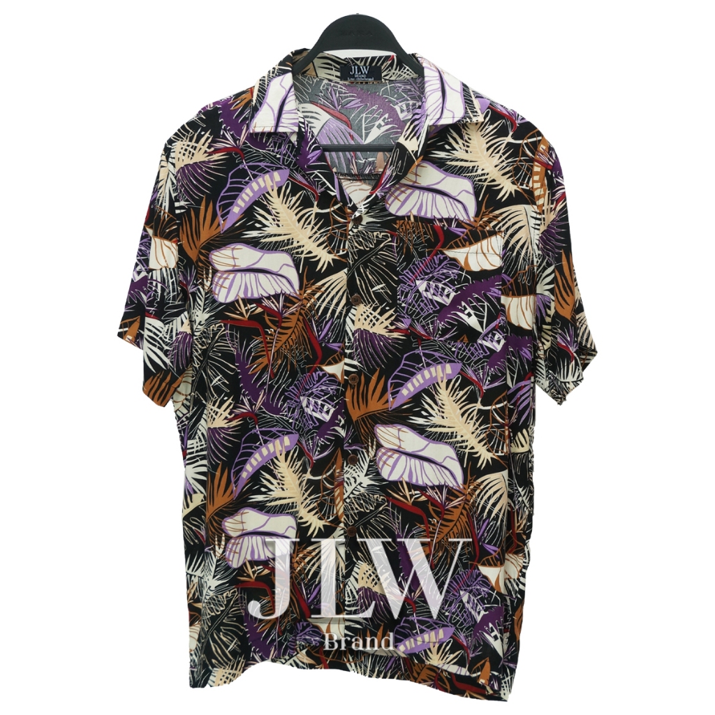 เสื้อฮาวาย ลายใบลาย ดำ ผ้านิ่ม M L XL Oversize คอฮาวาย JLW BRAND