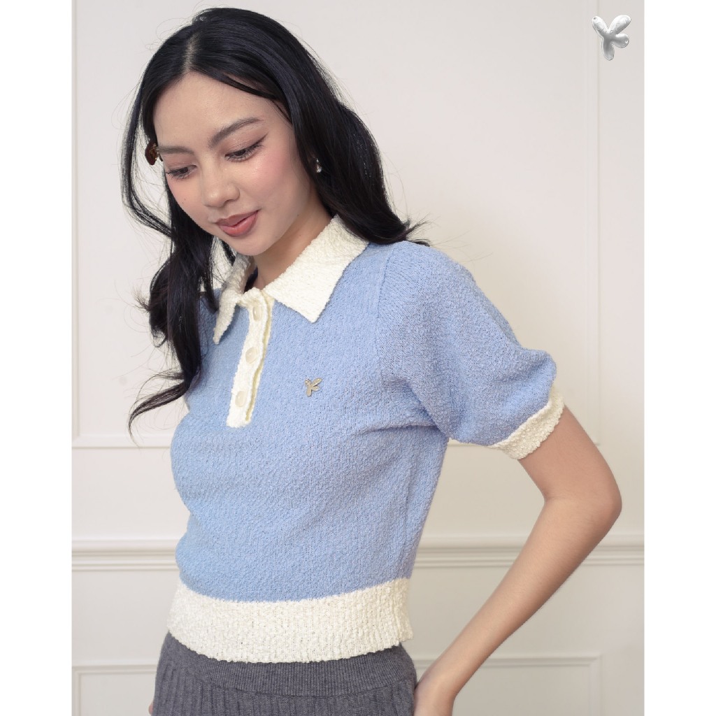 CUPPA - CHEESECAKE Polo (3 สี) เสื้อโปโลไหมพรม ทรงพอดีตัว ครอปเล็กน้อย ไม่รัดรูป เส้นด้ายเทกซ์เจอร์พิเศษ