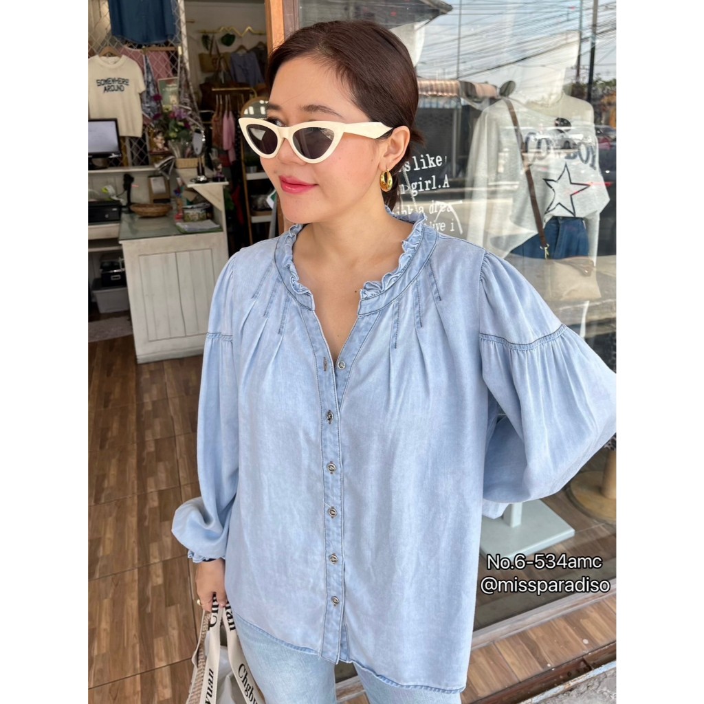 *6-534AMC เชิ้ตยีนส์นิ่มแขนยาวคอระบายฟอกอ่อน✨🍃รุ่นนี้น่ารักมากกก สีฟอกสวยยีนส์นิ่มใส่สบาย😍🥰