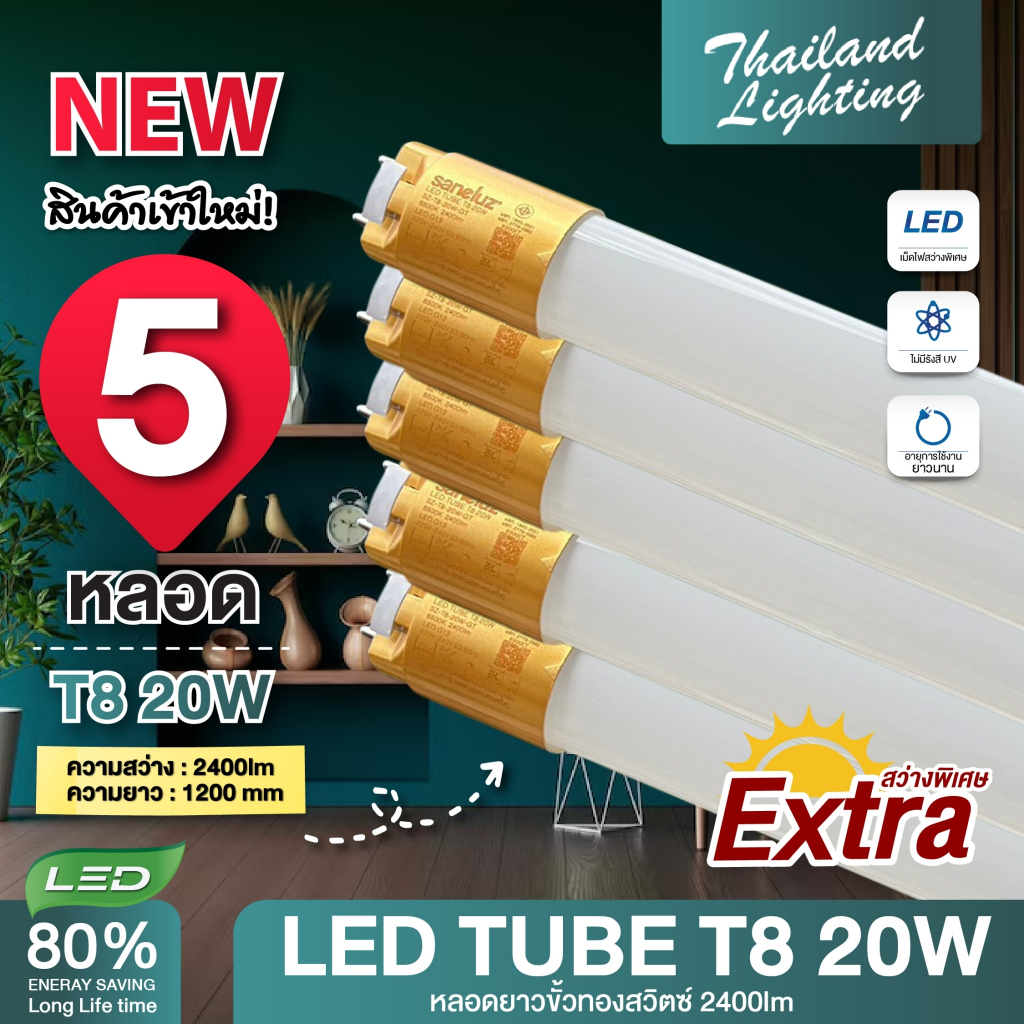 ชุด 5 หลอด หลอดไฟ LED T818W 120cm สว่างพิเศษ 2200-2400lm แสงสีขาวDaylight6500K Thailand Lighting led