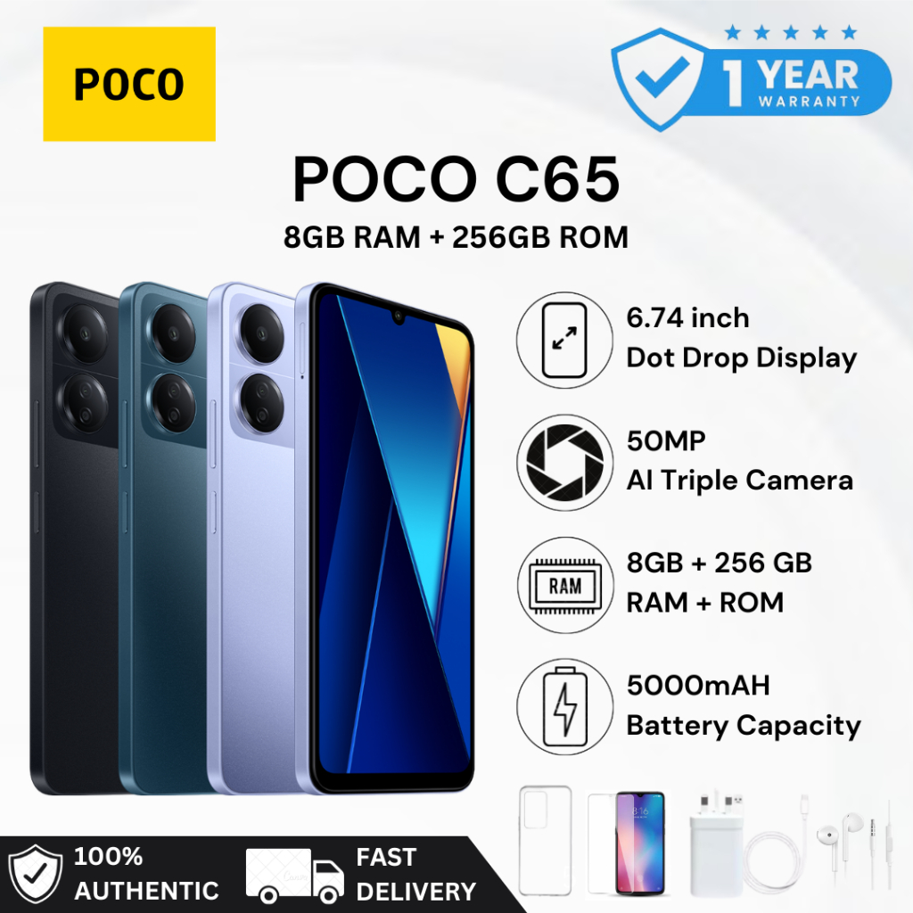 POCO C65 8GB+256GB ชิปเซ็ตอันทรงพลัง กล้อง MediaTek Helio G85 3 50MP | รับประกันศูนย์ 1 ปี