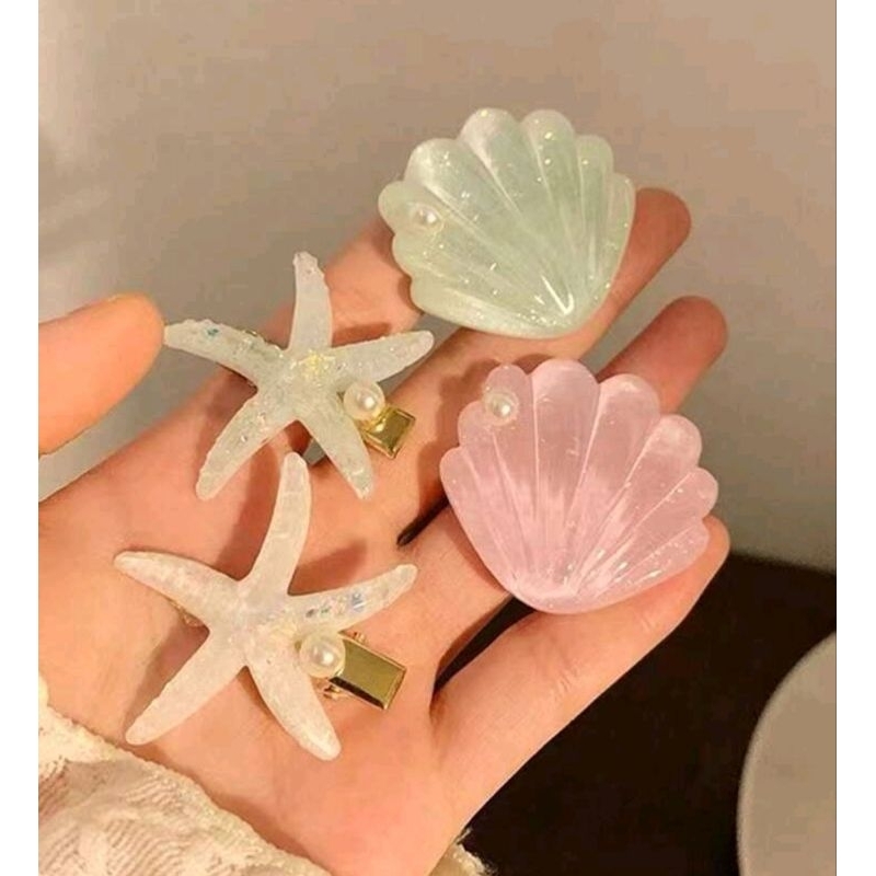 พร้อมส่ง Set 2 ชิ้น กิ๊บติดผมเรซิ่นรูปเปลือกหอยและปลาดาว