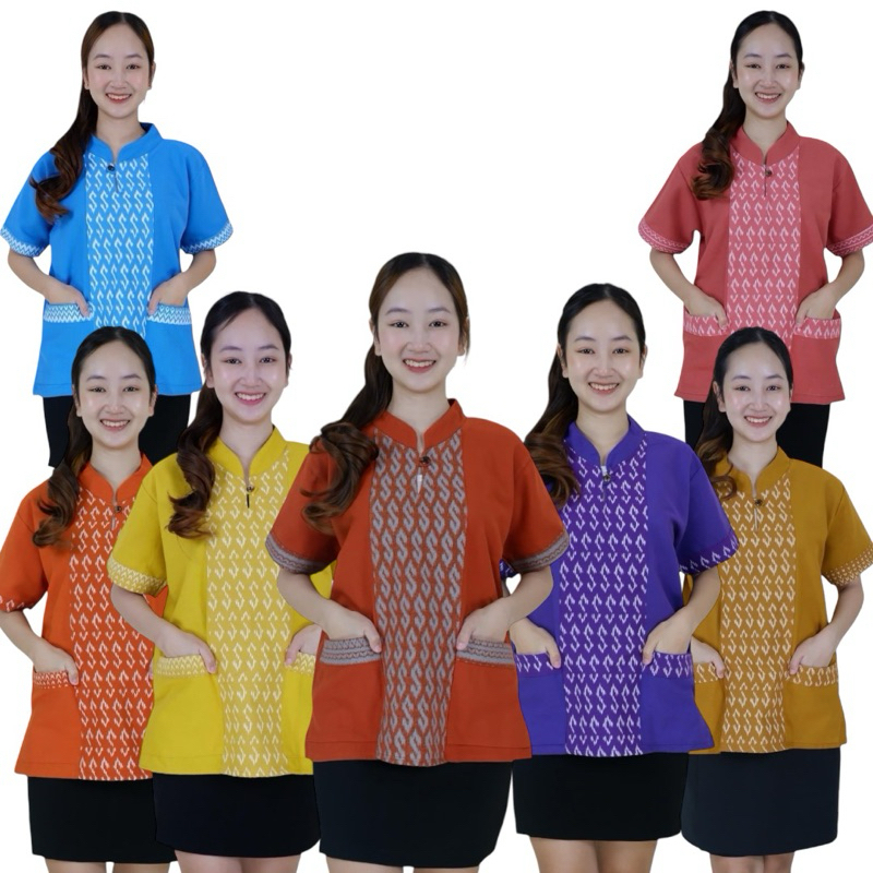 เสื้อผ้าฝ้ายฟอกนุ่ม กระดุม 1 เม็ด แต่งกลางลายขอ