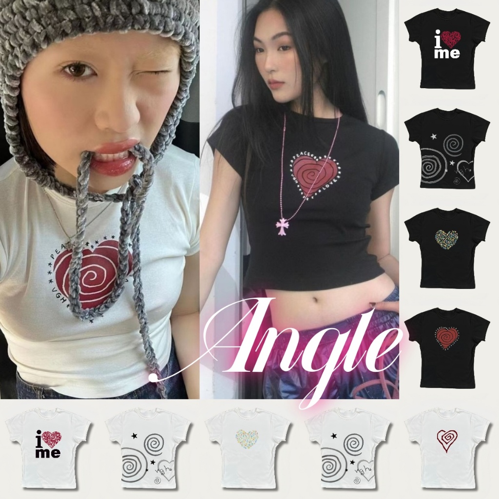(จัดส่งตลอด 24 ชั่วโมง）Angle Official เสื้อครอปท็อป แขนสั้น พิมพ์ลายหัวใจ แบบสวมหัว แฟชั่นฤดูร้อน