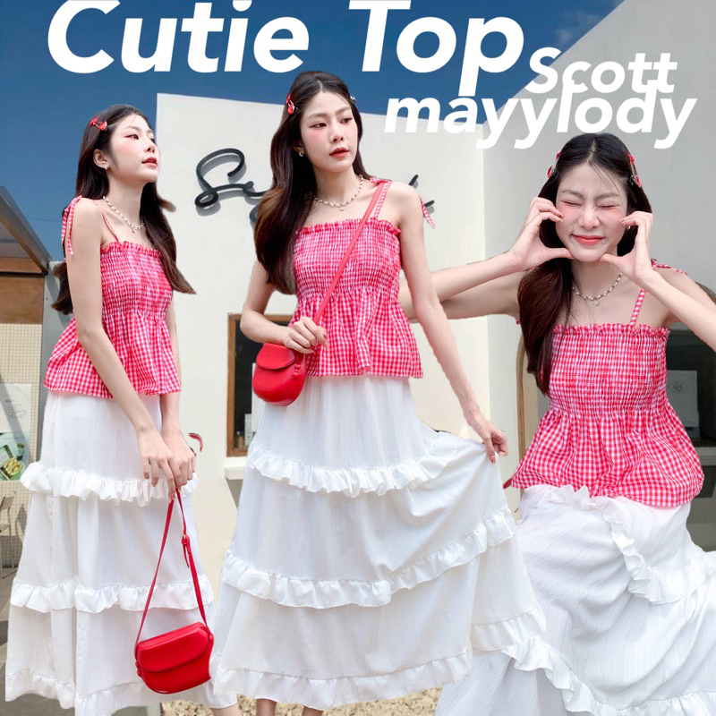 ❤️mayylody❤️ เสื้อสายเดี่ยว ลายสก็อตแดง ผูกไหล่ สไตล์เกาหลี น่ารัก so cute🍒🍒🍒 สายเดี่ยว