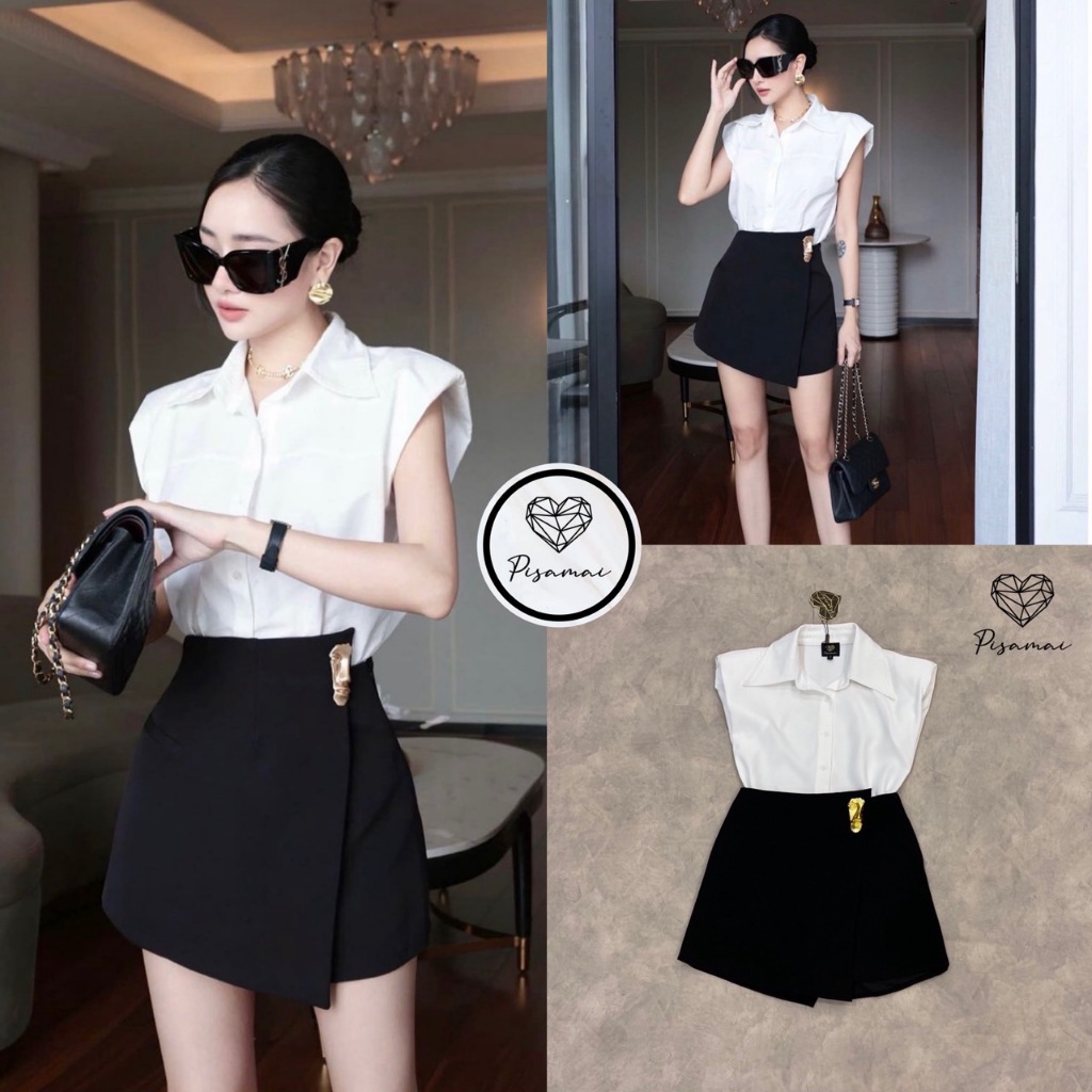 PISAMAI เซ็ตเสื้อกล้ามคอปกเชิ้ตสีขาวเสริมบ่าฟองน้ำ(*สอบถามสต๊อกก่อนกดสั่งน๊า)