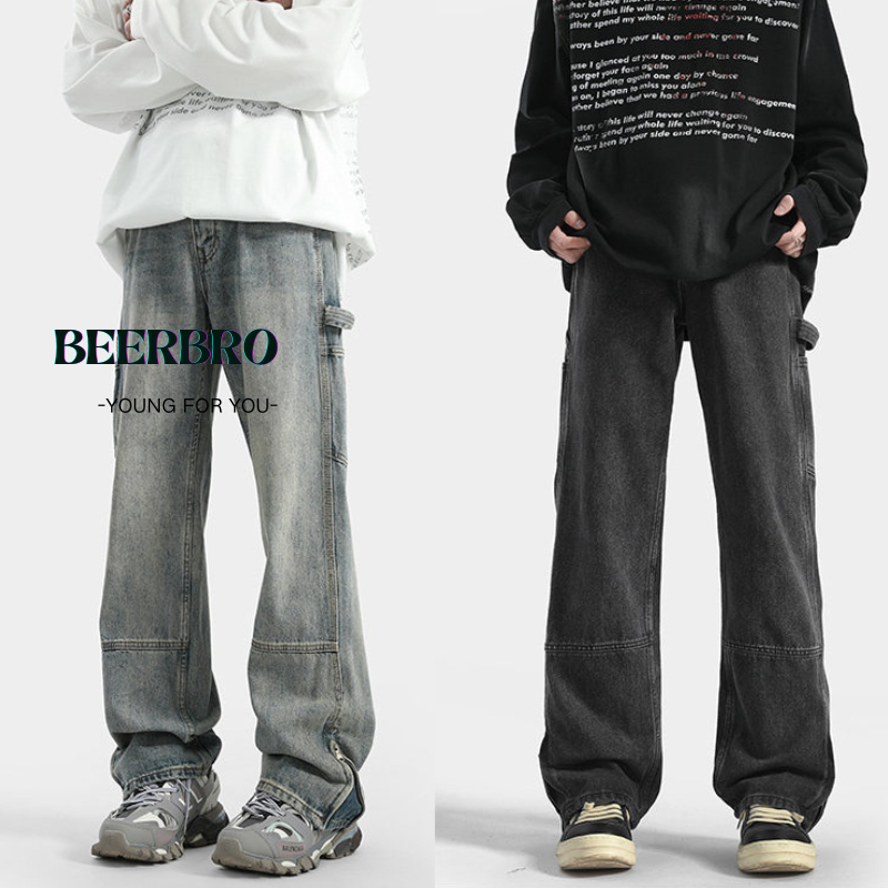 beerbroth-กางเกงยีนส์ชาย ขายาวทรงหลวม สไตล์อเมริกัน ซิปข้าง วินเทจ baggy jeans ยีนส์กระบอกใหญ่ เนื้อผ้ายีนส์สีดำ สีฟ้า