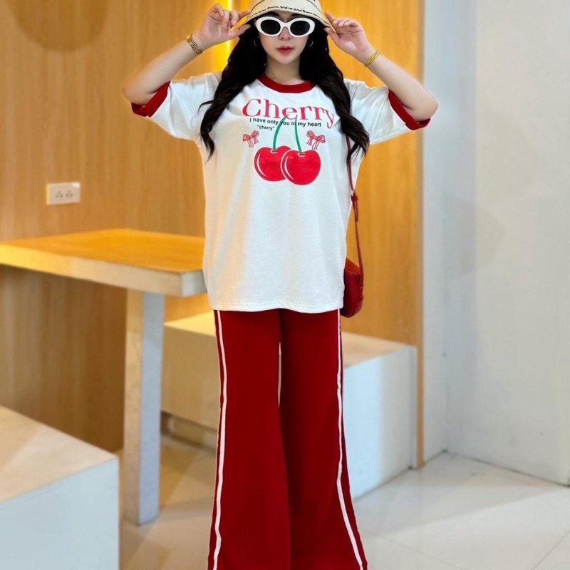 ชุดเชต2ชิ้นเสื้อโอเวอร์ไชร์แต่งเเขน+กางเกงขาม้าแต่งแถบ