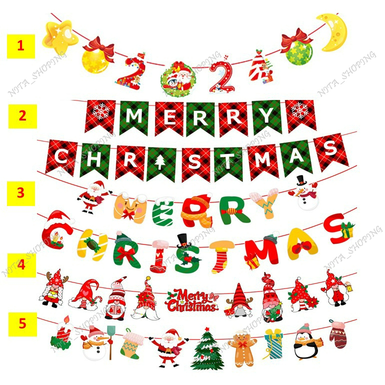 ธงราวเทศกาลคริสมาส ของตกแต่งเทศกาลคริสมาส Merry Christmas ลายการ์ตูน ซานตาครอส  สินค้าพร้อมส่ง P1