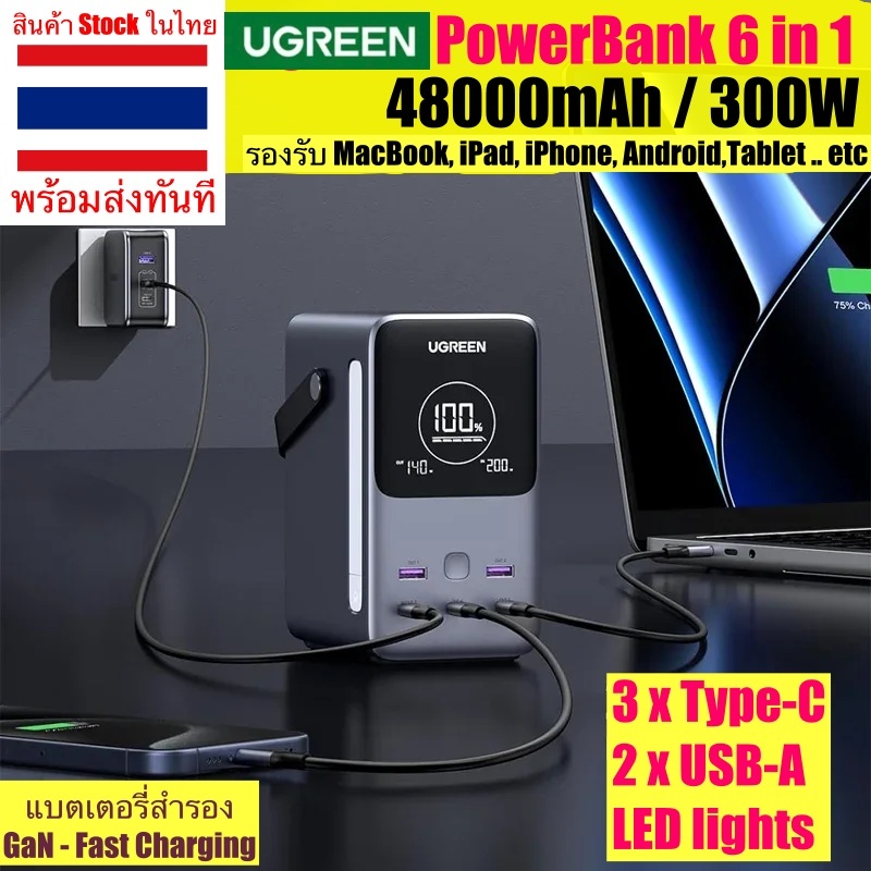 Ugreen 300W 48000mAh แบบพกพา Fast Charging Power Bank 6 in 1 GaN จอแสดงผล LED Power Station รุ่น PB770