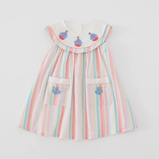 Hania kids พร้อมส่ง ชุดเดรสกระโปรงลายทางสีพาทเทล ลายปัก เนื้อผ้าฝ้าย ชุดเด็กผู้หญิง K4124898