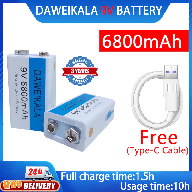 ถ่านชาร์จ 9V 6800mAh เต็ม Li-ion Battery แบตเตอรี่ที่มีคุณภาพสูง ชาร์จได้1500ครั้ง 1ก้อน/PCS แถมสายชาร์จให้ แบตเตอรี่