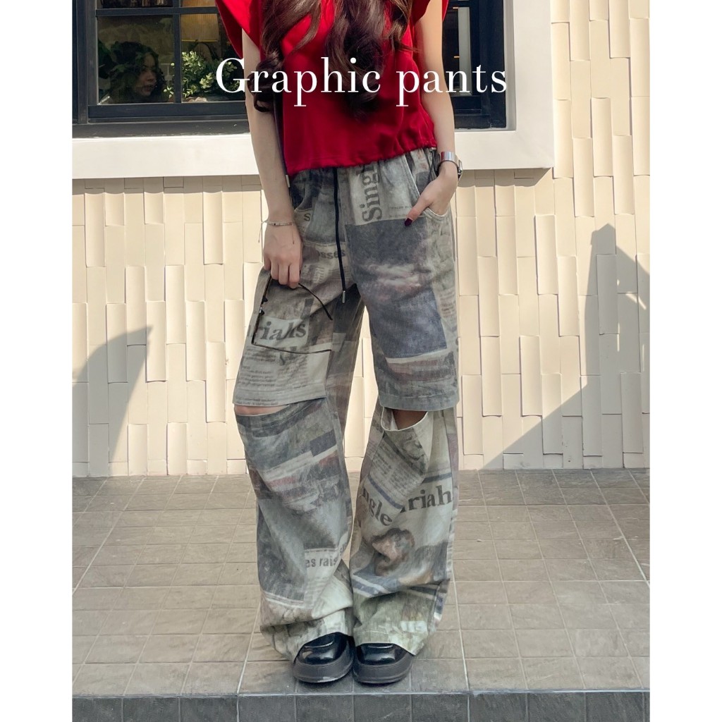 Graphic pants กางเกงลายกราฟฟิคขายาวผ่าช่วงเข่า