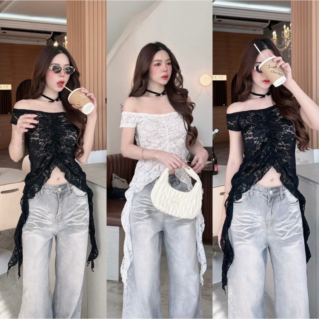 KIKI LACE : เสื้อลูกไม้ปาดไหล่ สาวอวบ เสื้อปาดไหล่แต่งลูกไม้เซ็กซี่ มีข้างยาว แนว Y2K เซ็กซี่ ป้าย Sheeny