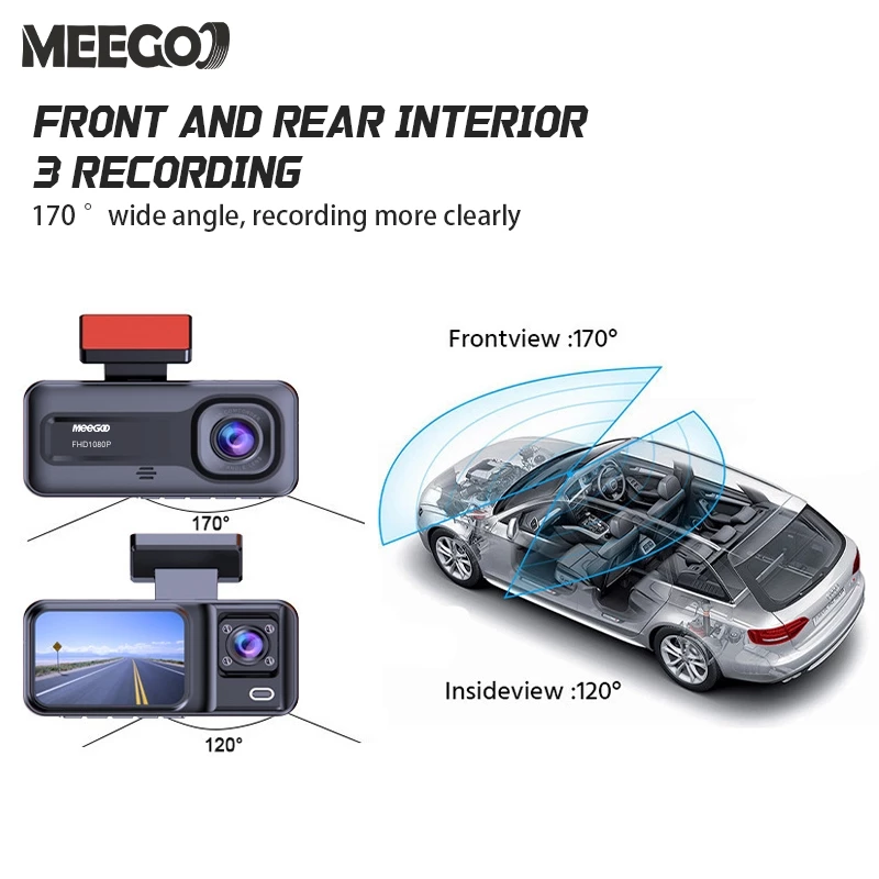 MeeGoo 4K 1080P กล้องติดรถ 2 นิ้ว 3 กล้อง dash cam เครื่องบันทึกการขับ โหมดกลางคืน จับการเคลื่อนไหว thumbnail 7