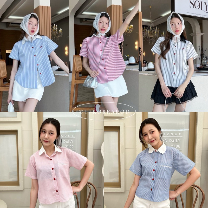 เสื้อเชิ้ตคอปกแขนสั้น ดีเทลกระเป๋า/ปักโบว์ กระดุมหน้าใช้งานได้ (Khun/Prod Studio)