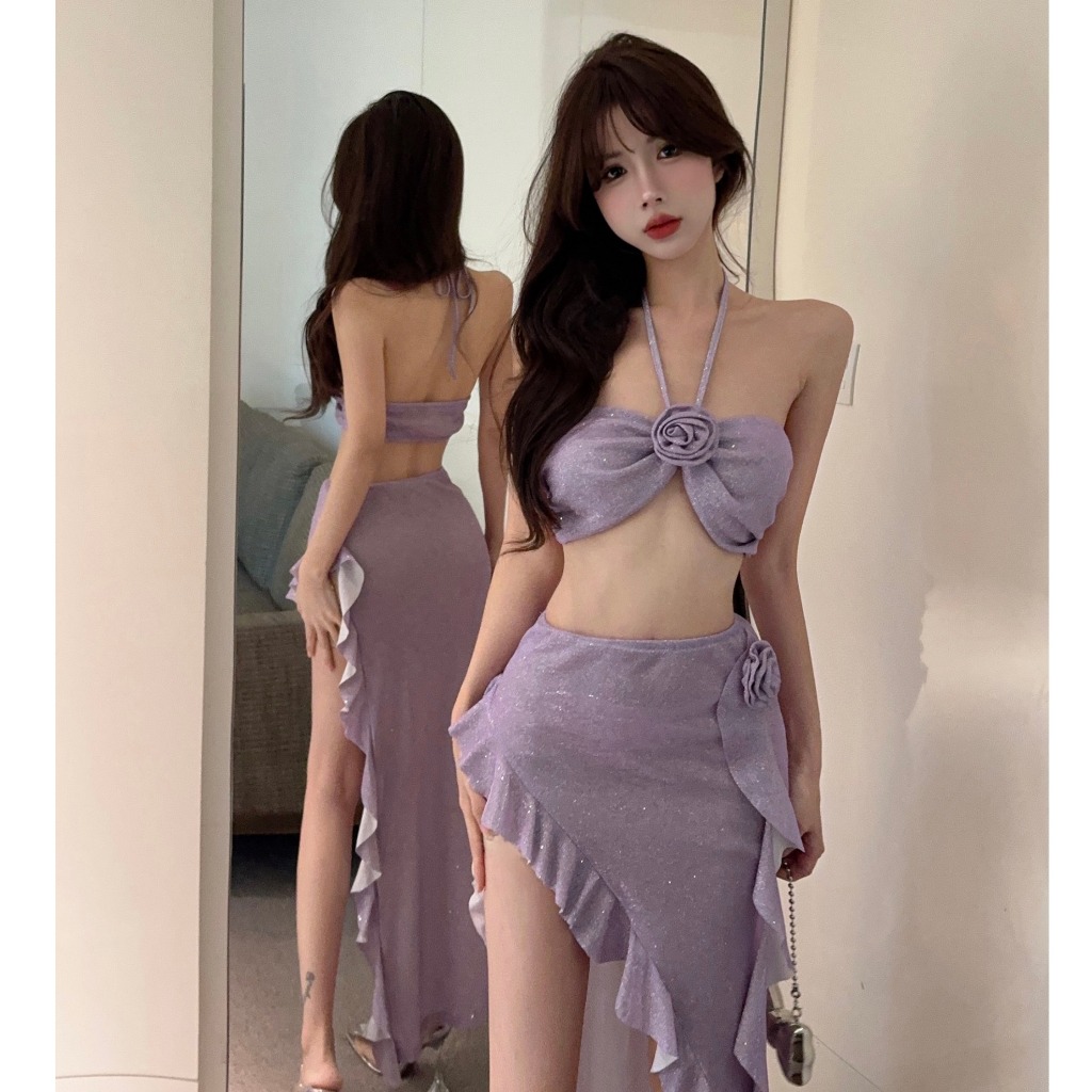 ชุดว่ายน้ําบิกินี่เซ็กซี่ แต่งผ่าข้าง กระโปรงกระพริบ ลายดอกไม้ สําหรับเด็กผู้หญิง 6027