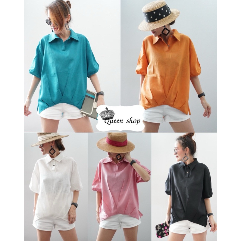 ทักก่อนสั่ง เสื้อลินินแท้ อก44“ คอปกโปโล แขนสั้น ลินินแท้ แต่งจีบชายเสื้อQueen